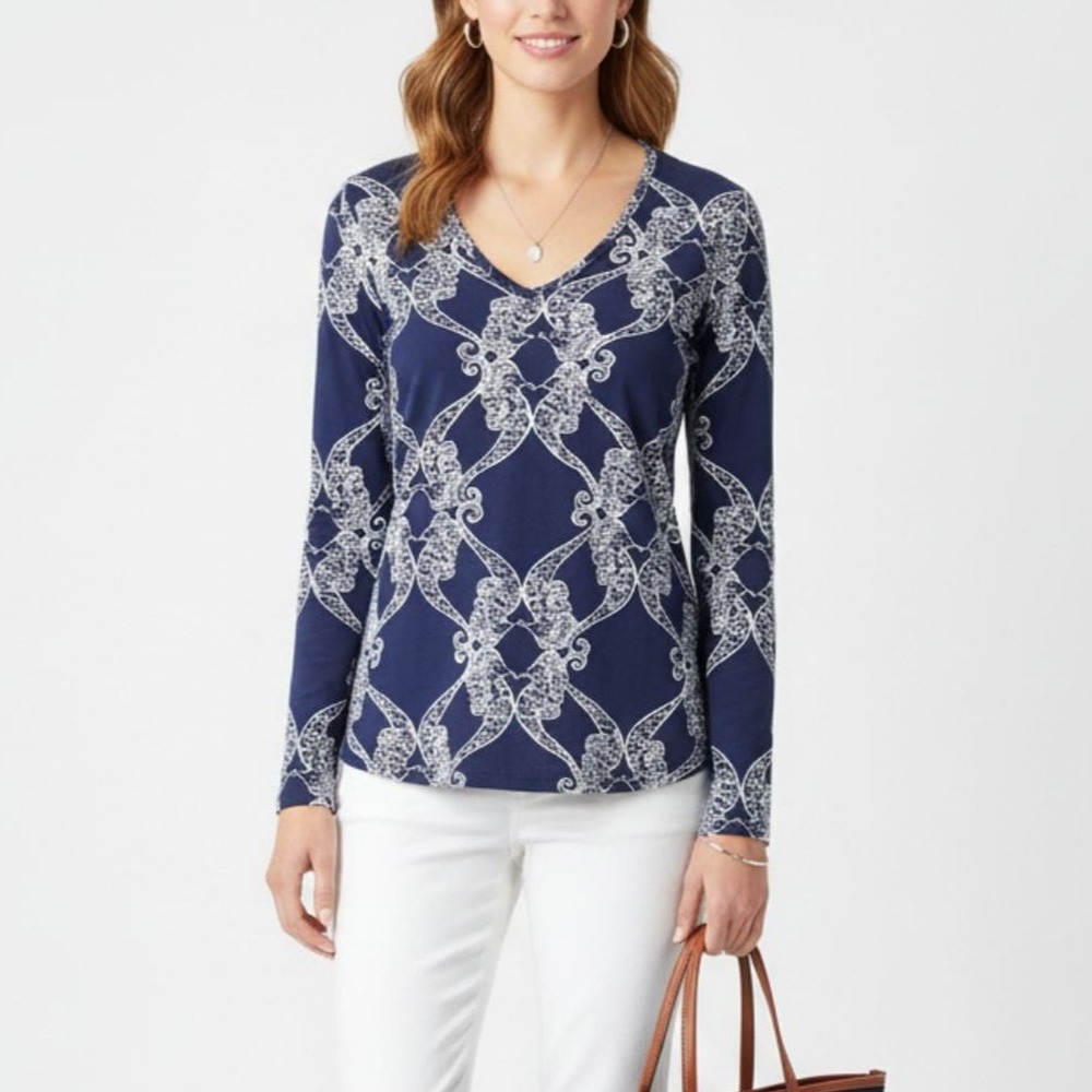 Lilly Pulitzer Blue & White Print Long Sleeve V Neck Top S Small